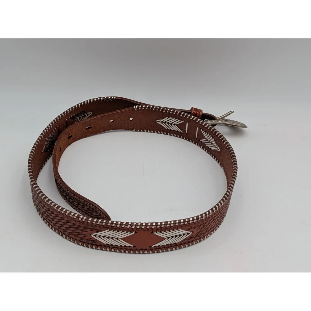 Unisex Western Belt Basketweave Metal Arrowhead Tooled Brown